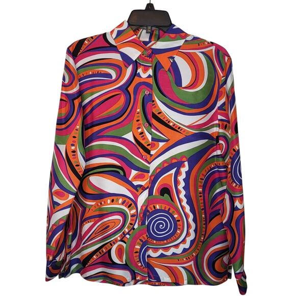 c.l.o.t.h.e.s Psychedelic 60's Style Silk Button Up Long Sleeve Blouse Size L - Picture 2 of 11